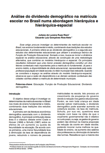 Análise do dividendo demográfico na matrícula escolar no Brasil numa abordagem hierárquica e hierárquica-espacial