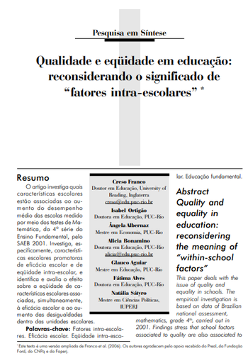 Qualidade e eqüidade em educação: reconsiderando o significado de &quot;fatores intra-escolares&quot;