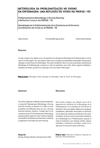 Metodologia da problematização no ensino em Enfermagem: uma reflexão do vivido no PROFAE / RS