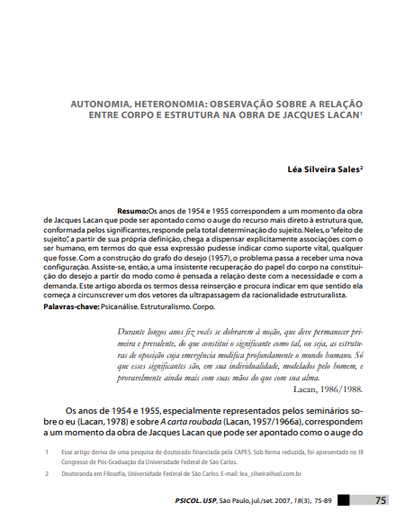 Autonomia, heteronomia: observação sobre a relação entre corpo e estrutura na obra de Jacques Lacan