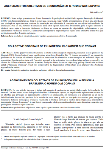 Agenciamentos coletivos de enunciação em o homem que copiava