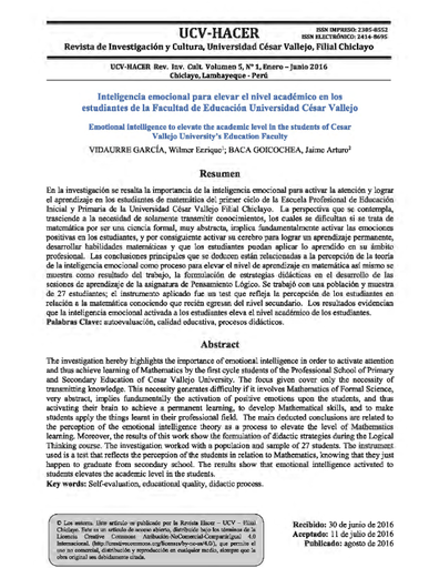 Inteligencia emocional para elevar el nivel académico en los estudiantes de la Facultad de Educación Universidad César Vallejo