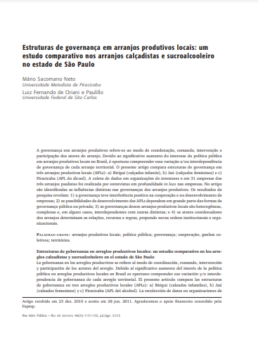 Estruturas de governança em arranjos produtivos locais: um estudo comparativo nos arranjos calçadistas e sucroalcooleiro no estado de São Paulo