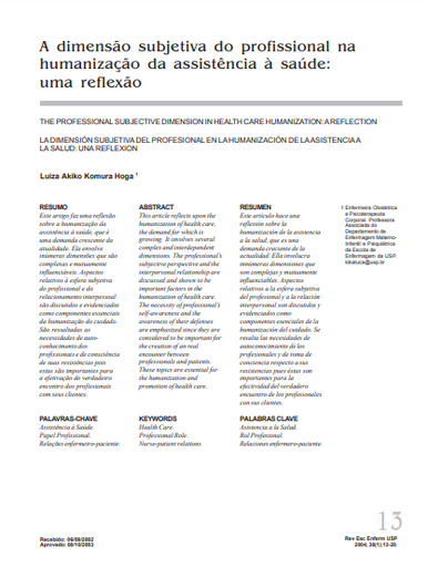 A dimensão subjetiva do profissional na humanização da assistência à saúde: uma reflexão