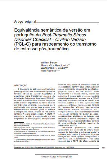 Equivalência semântica da versão em português da Post-Traumatic Stress Disorder Checklist - Civilian Version (PCL-C) para rastreamento do transtorno de estresse pós-traumático