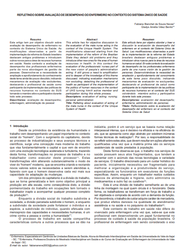 Refletindo sobre avaliação de desempenho do enfermeiro no contexto do sistema único de saúde