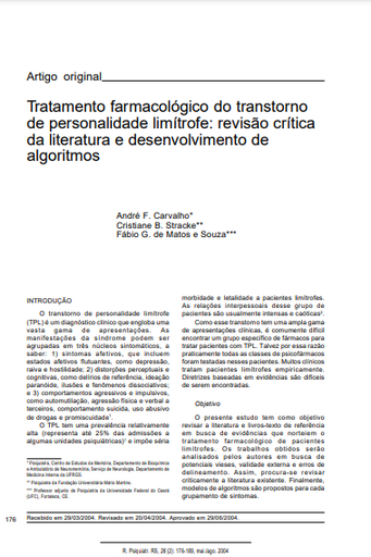 Tratamento farmacológico do transtorno de personalidade limítrofe: revisão crítica da literatura e desenvolvimento de algoritmos