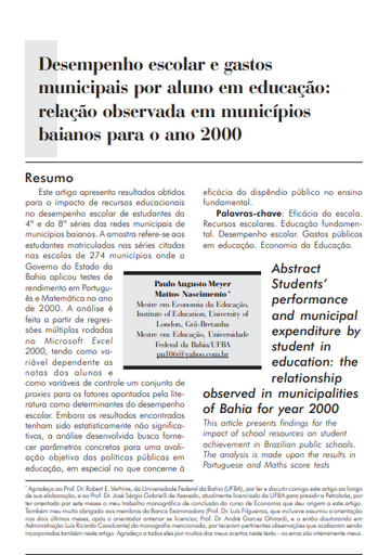 Desempenho escolar e gastos municipais por aluno em educação: relação observada em municípios baianos para o ano 2000