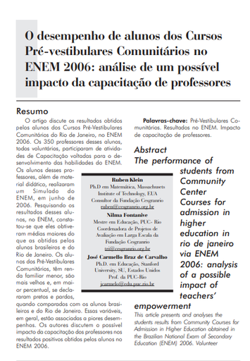 O desempenho de alunos dos cursos pré-vestibulares comunitários no ENEM 2006: análise de um possível impacto da capacitação de professores