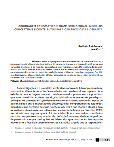 Abordagem carismática e transformacional: modelos conceptuais e contributos para o exercício da liderança