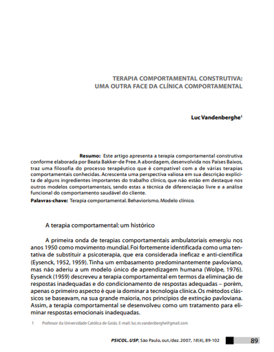 Terapia comportamental construtiva: uma outra face da clínica comportamental