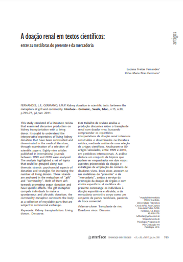 A doação renal em textos científicos: entre as metáforas do presente e da mercadoria