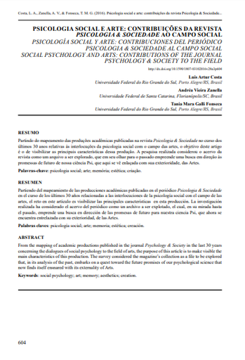 PSICOLOGIA SOCIAL E ARTE: CONTRIBUIÇÕES DA REVISTA PSICOLOGIA &amp; SOCIEDADE AO CAMPO SOCIAL
