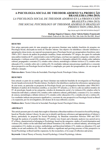 A PSICOLOGIA SOCIAL DE THEODOR ADORNO NA PRODUÇÃO BRASILEIRA (1984-2015)