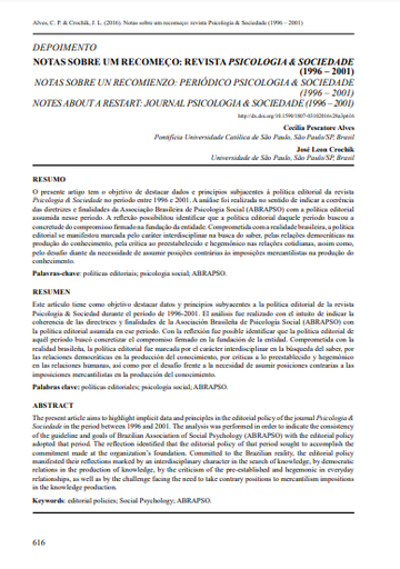 NOTAS SOBRE UM RECOMEÇO: REVISTA PSICOLOGIA &amp; SOCIEDADE (1996 - 2001)
