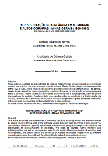 REPRESENTAÇÕES DA INFÂNCIA EM MEMÓRIAS E AUTOBIOGRAFIAS - MINAS GERAIS (1900-1960)