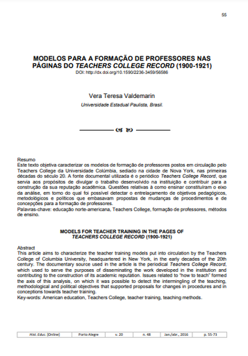 MODELOS PARA A FORMAÇÃO DE PROFESSORES NAS PÁGINAS DO TEACHERS COLLEGE RECORD (1900-1921)