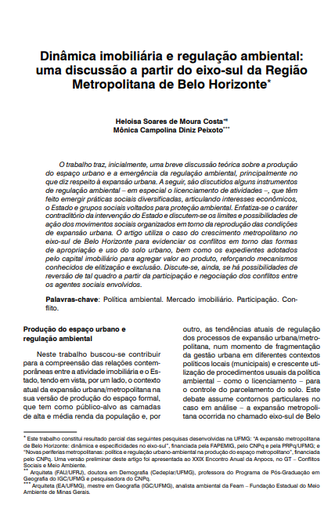 Dinâmica imobiliária e regulação ambiental: uma discussão a partir do eixo-sul da Região Metropolitana de Belo Horizonte