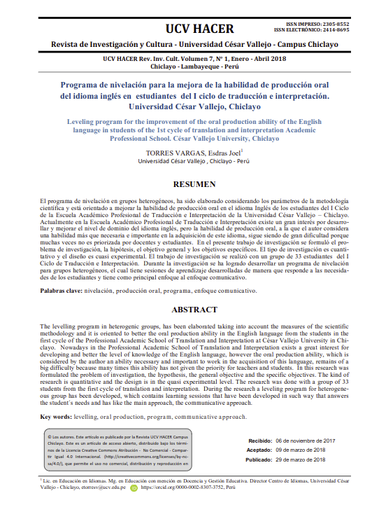 Programa de nivelación para la mejora de la habilidad de producción oral del idioma inglés