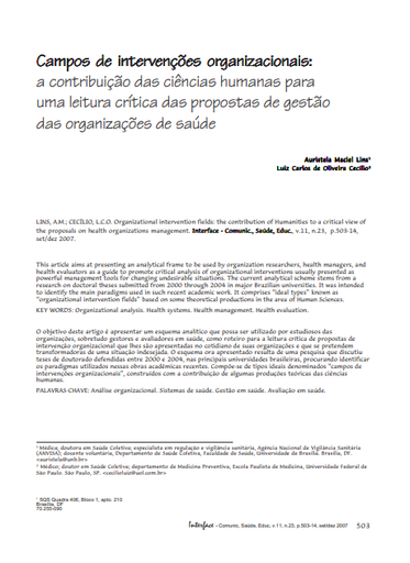 Campos de intervenções organizacionais: a contribuição das ciências humanas para uma leitura crítica das propostas de gestão das organizações de saúde