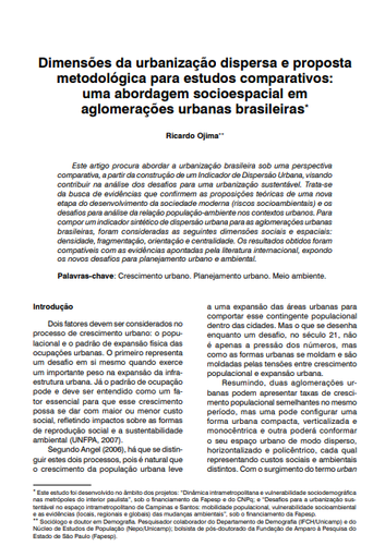 Dimensões da urbanização dispersa e proposta metodológica para estudos comparativos: uma abordagem socioespacial em aglomerações urbanas brasileiras