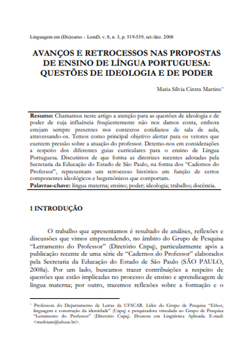 Avanços e retrocessos nas propostas de ensino de Língua Portuguesa: questões de ideologia e de poder