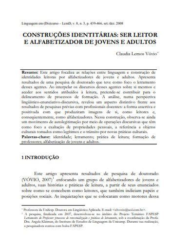 Construções identitárias: ser leitor e alfabetizador de jovens e adultos
