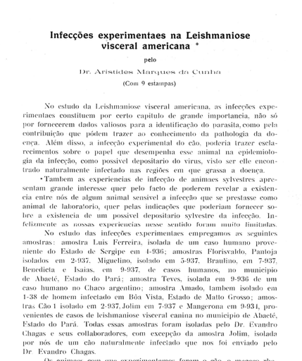 Infecções experimentaes na Leishmaniose visceral americana