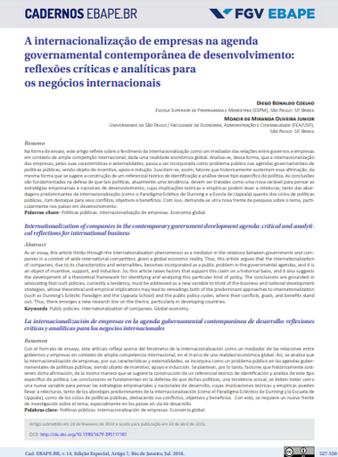 A internacionalização de empresas na agenda governamental contemporânea de desenvolvimento: reflexões críticas e analíticas para os negócios internacionais