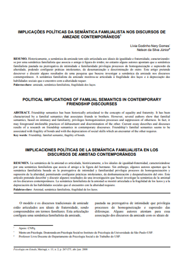 Implicações políticas da semântica familialista nos discursos de amizade contemporâneos