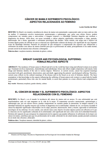 Câncer de mama e sofrimento psicológico: aspectos relacionados ao feminino