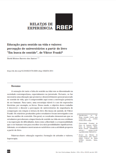 Educação para sentido na vida e valores: percepção de universitários a partir do livro “Em busca de sentido”, de Viktor Frankl