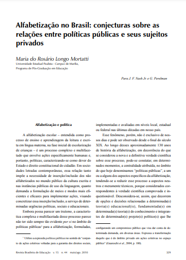 Alfabetização no Brasil: conjecturas sobre as relações entre políticas públicas e seus sujeitos privados