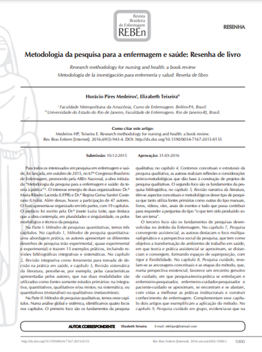 Metodologia da pesquisa para a enfermagem e saúde: Resenha de livro
