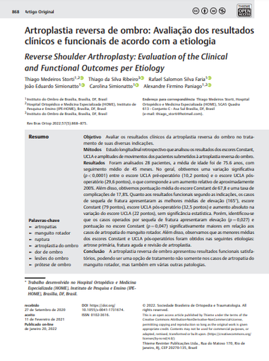 Reverse Shoulder Arthroplasty: Evaluation of the Clinical and Functional Outcomes per Etiology