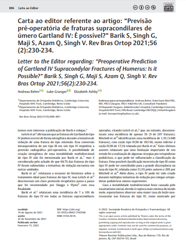 Letter to the Editor regarding: “Preoperative Prediction of Gartland IV Supracondylar Fractures of Humerus: Is it Possible?” Barik S, Singh G, Maji S, Azam Q, Singh V. Rev Bras Ortop 2021;56(2):230-234.