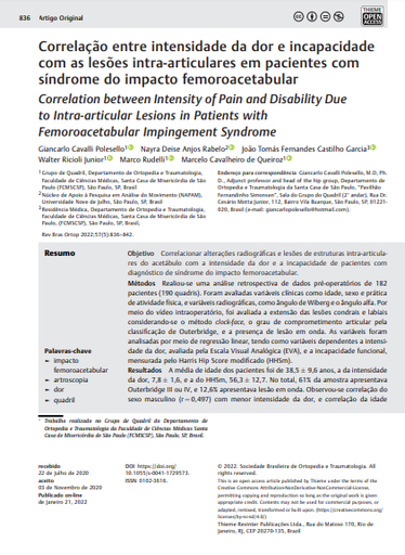 Correlation between Intensity of Pain and Disability Due to Intra-articular Lesions in Patients with Femoroacetabular Impingement Syndrome