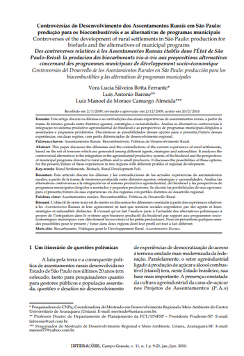 Controvérsias do desenvolvimento dos assentamentos rurais em São Paulo: produção para os biocombustíveis e as alternativas de programas municipais