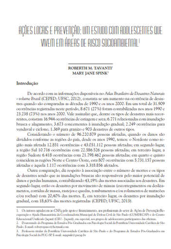 Ações locais e prevenção: um estudo com adolescentes que vivem em áreas de risco socioambiental