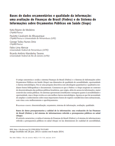 Bases de dados orçamentários e qualidade da informação: uma avaliação do Finanças do Brasil (Finbra) e do Sistema de Informações sobre Orçamentos Públicos em Saúde (Siops)