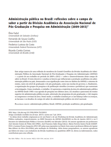 Administração pública no Brasil: reflexões sobre o campo de saber a partir da Divisão Acadêmica da Associação Nacional de Pós-Graduação e Pesquisa em Administração (2009-2013)