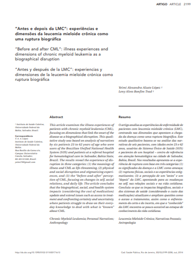 &quot;Antes e depois da LMC&quot;: experiências e dimensões da leucemia mieloide crônica como uma ruptura biográfica
