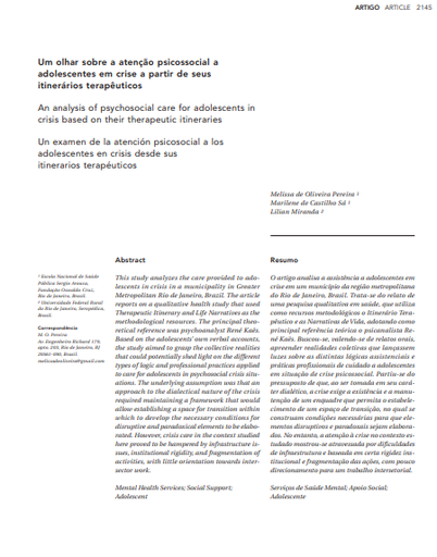 Um olhar sobre a atenção psicossocial a adolescentes em crise a partir de seus itinerários terapêuticos