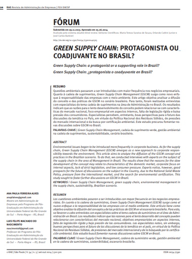 GREEN SUPPLY CHAIN: PROTAGONISTA OU COADJUVANTE NO BRASIL?