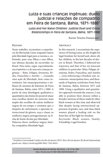 Luiza e suas crianças ingênuas: duelo judicial e relações de compadrio em Feira de Santana, Bahia, 1871-1888