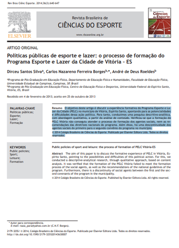 Políticas públicas de esporte e lazer: o processo de formação do Programa Esporte e Lazer da Cidade de Vitória - ES
