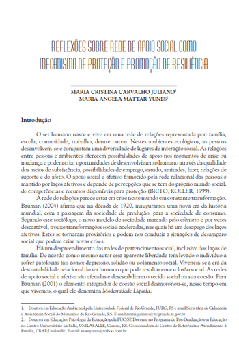 Reflexões sobre rede de apoio social como mecanismo de proteção e promoção de resiliência