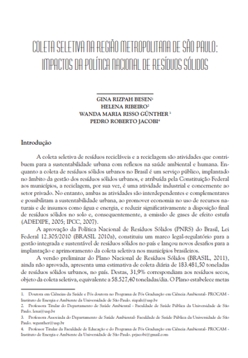 Coleta seletiva na Região Metropolitana de São Paulo: impactos da Política Nacional de Resíduos Sólidos