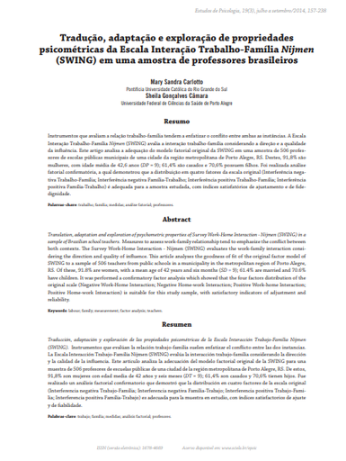 Tradução, adaptação e exploração de propriedades psicométricas da Escala Interação Trabalho-Família Nijmen (SWING) em uma amostra de professores brasileiros