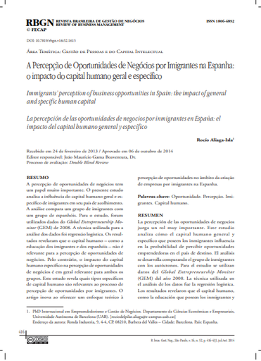 A Percepção de Oportunidades de Negócios por Imigrantes na Espanha: o impacto do capital humano geral e específico